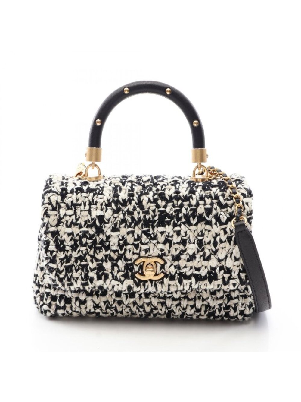 Chanel Handbag Quilted 2-Way Black White Fabric Leather Top Handle Chain
